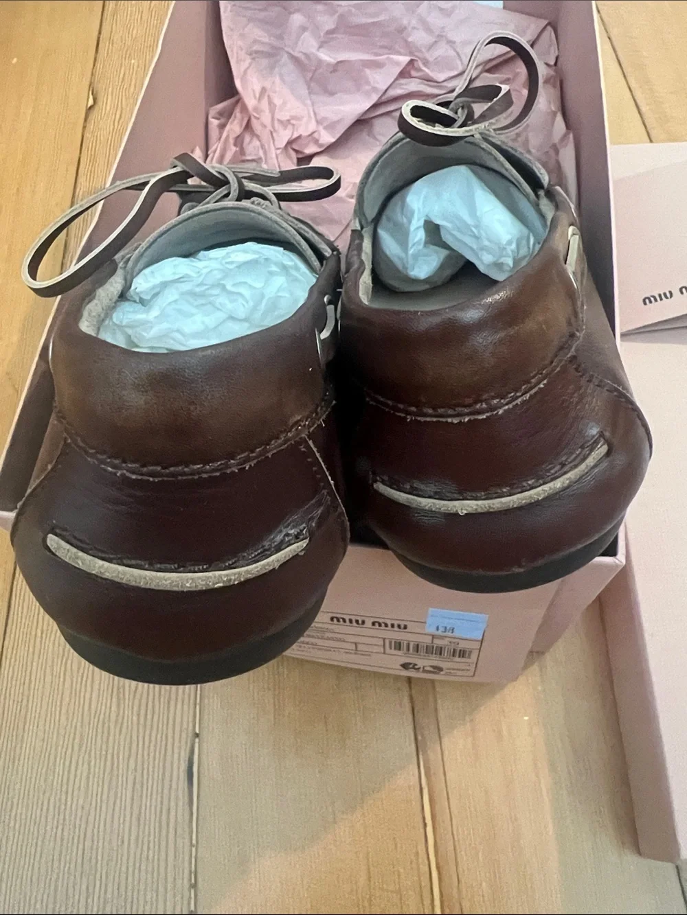 Miu Miu Brown Leather Men’s Boat Shoes with Contrast Lacing distress